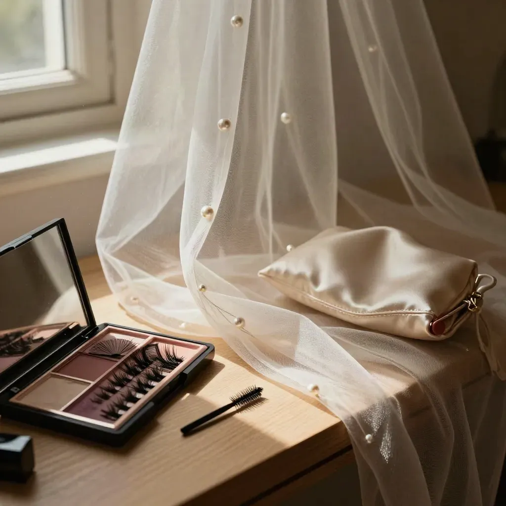 Silk veil, lash trays, cream palettes and a blush pouch on a bridal makeup vanity