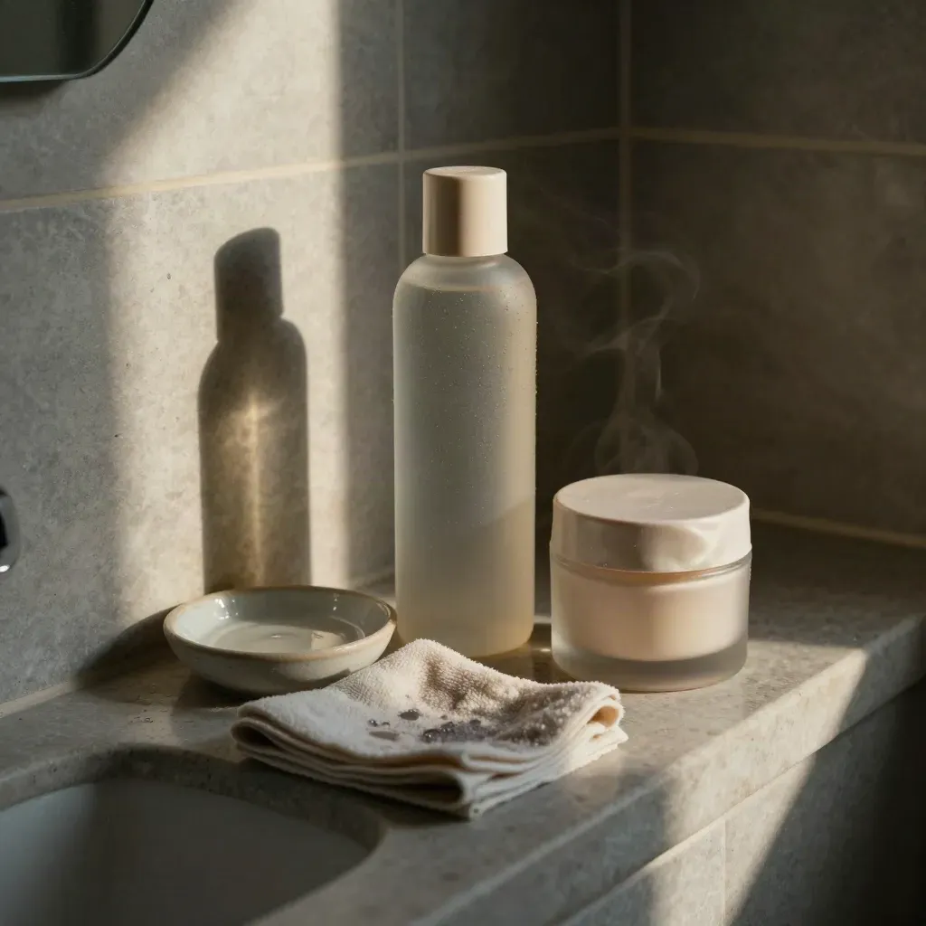Skincare bottle, cream jar and damp cloth on a stone bathroom ledge in warm late-afternoon light.