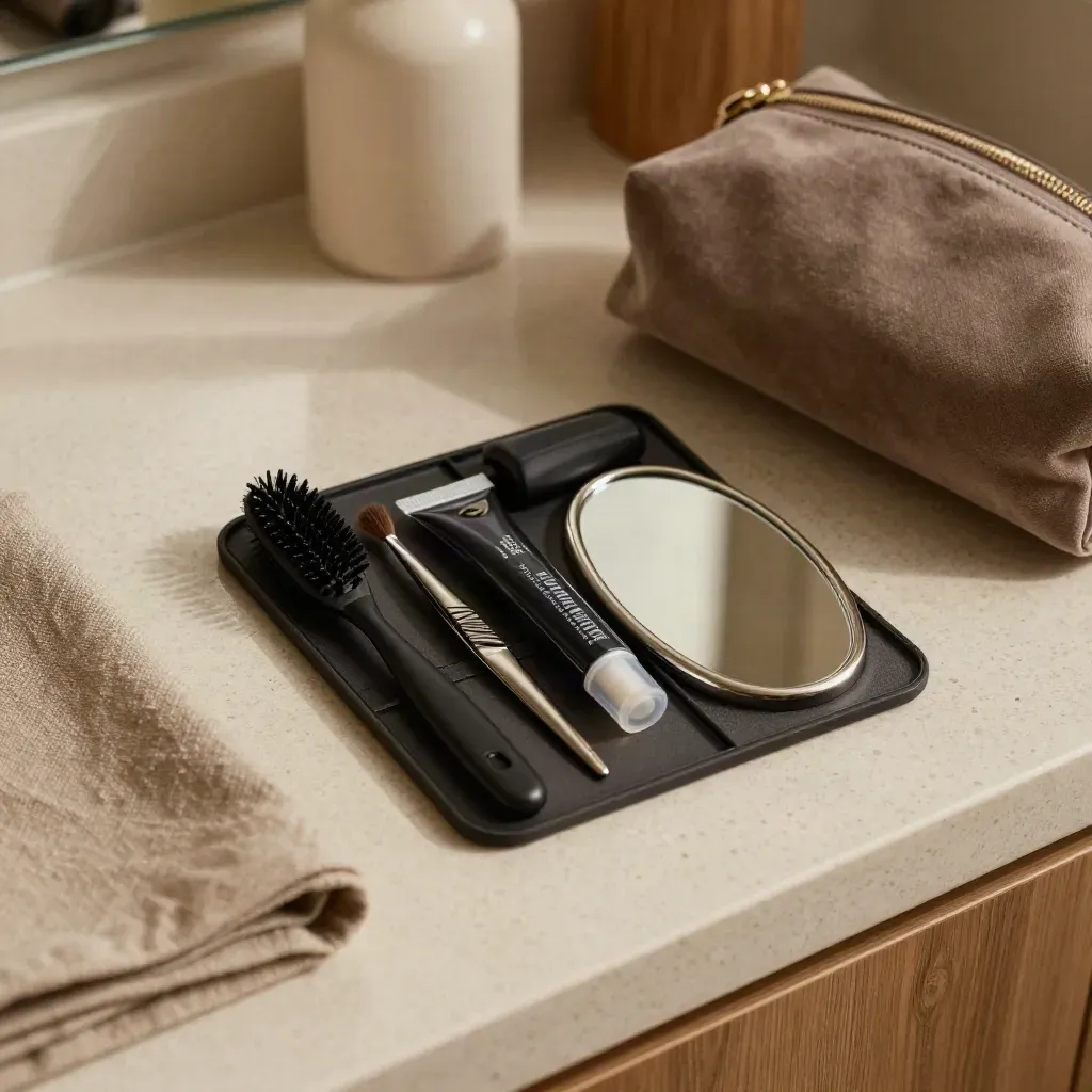Brow grooming kit with mirror, tweezers, spoolie and gel on a travertine vanity.
