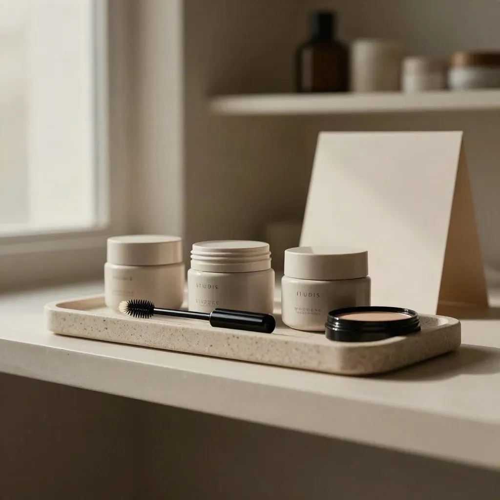 Cream jars, brow spoolie, lash wand and compact in a stone tray on a pale shelf